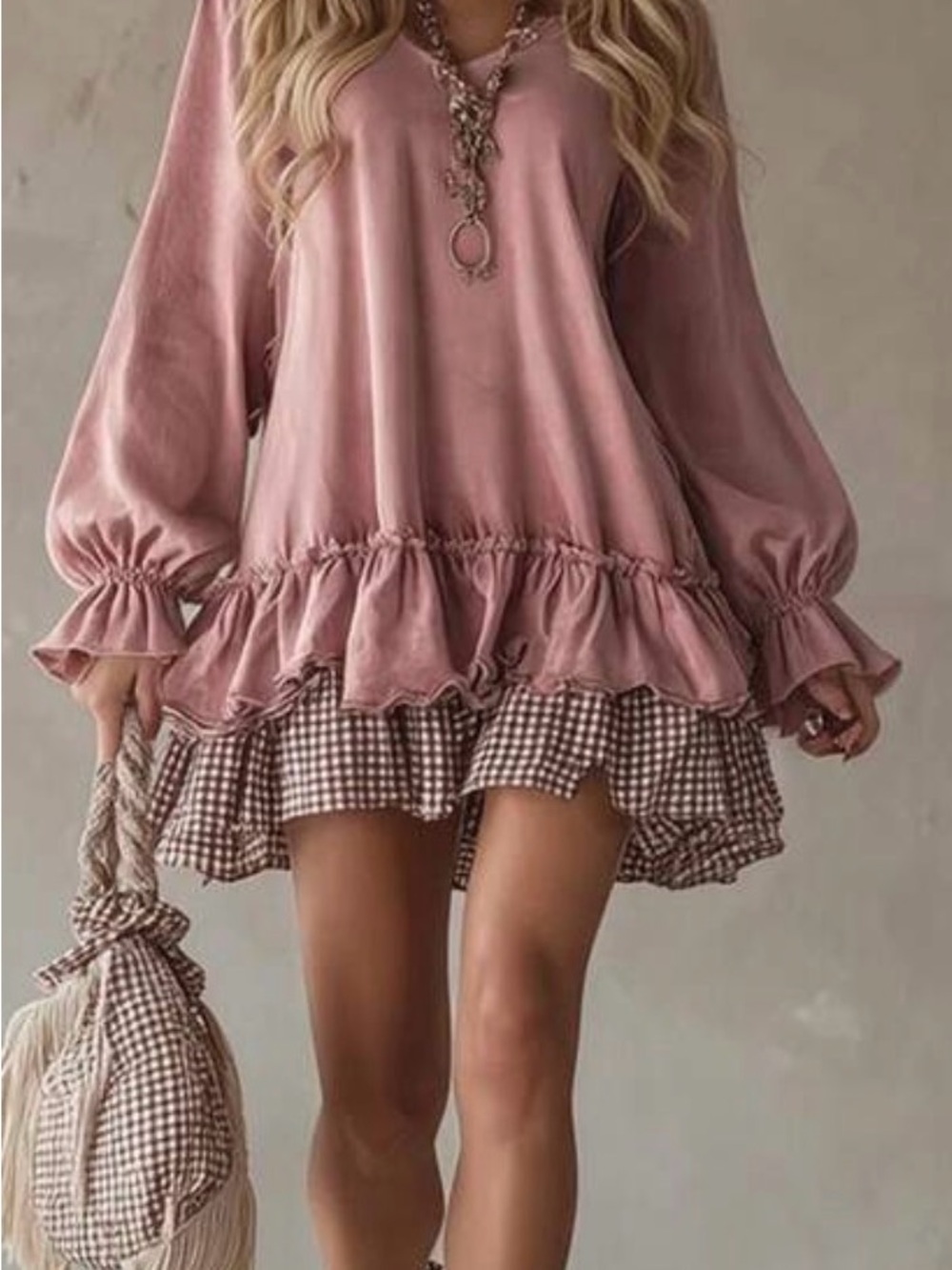 Dusty Rose Ruffle Hem Mini Dress with Gingham Trim